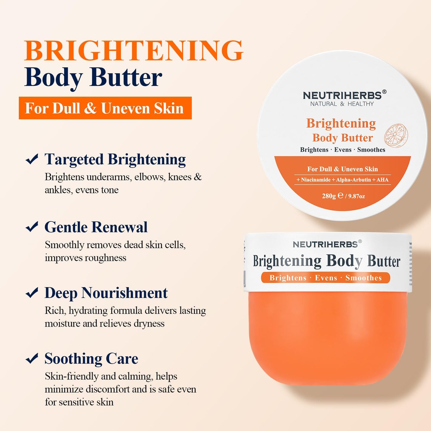 Neutriherbs Brightening Body Butter 280G – Moisturising Body and Radiant Dull Skin Body Cream for Dark Underarms, Knees & Elbows – Niacinamide, Arbutin & Shea Butter Dry Skin Moisturiser