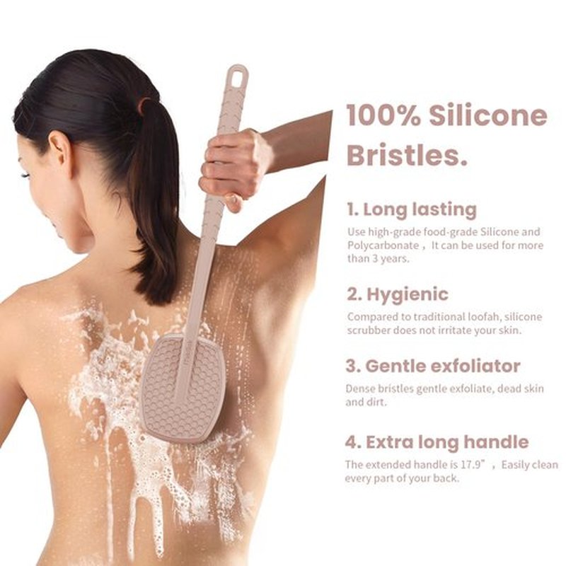 iTokGoK® All New Premium Silicone Back Scrubber with Tire Anti-Slip Long Handle for Shower, Gentle Exfoliating and Massage Brush Scrubber for Sensitive Skin for Men and Women (Sand Pink)