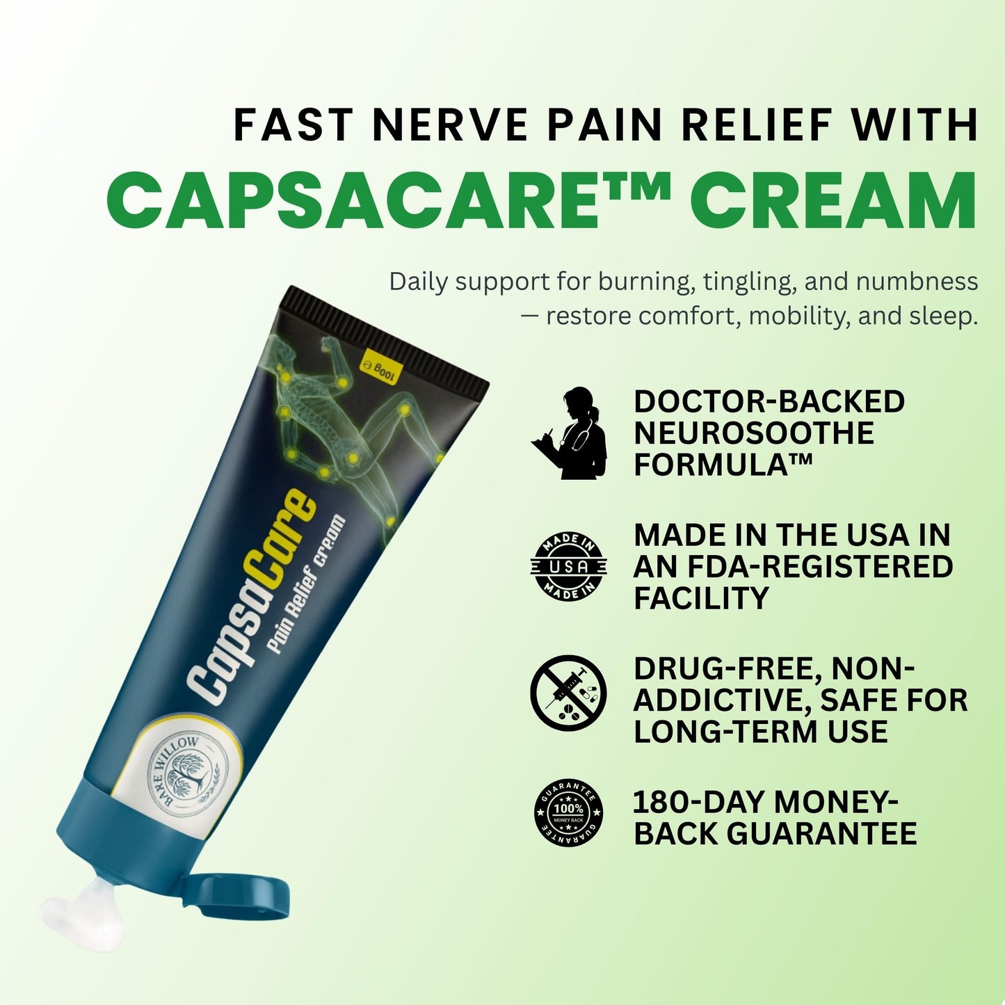 CapsaCare Cream with Capsaicin 0.125% & Magnesium, NeuroSoothe Blend with Arnica, Glucosamine, Menthol & Aloe, Fragrance Free, Non Greasy, Hydrating Topical Skin Cream for Men and Women, 100g (1 Pack)