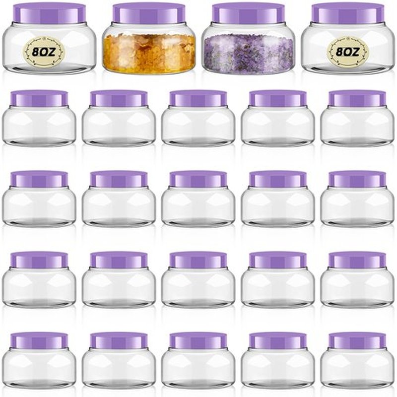 Tessco 24 Pack Plastic Jars with Lids Labels Plastic Containers Round Refillable Cosmetic Containers Empty Body Butter Jars Sugar Scrub Containers for Cosmetics (Purple,8 oz)