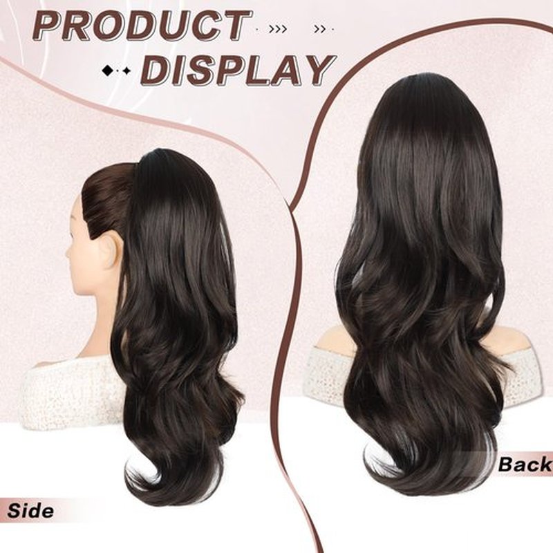 CHRSHN Ponytail Extension, Drawstring Ponytail Extension for Women Long Black Brown Wavy Pony Tails Hair Extensions Synthetic Wavy Clip in Ponytail Hairpiece for Women