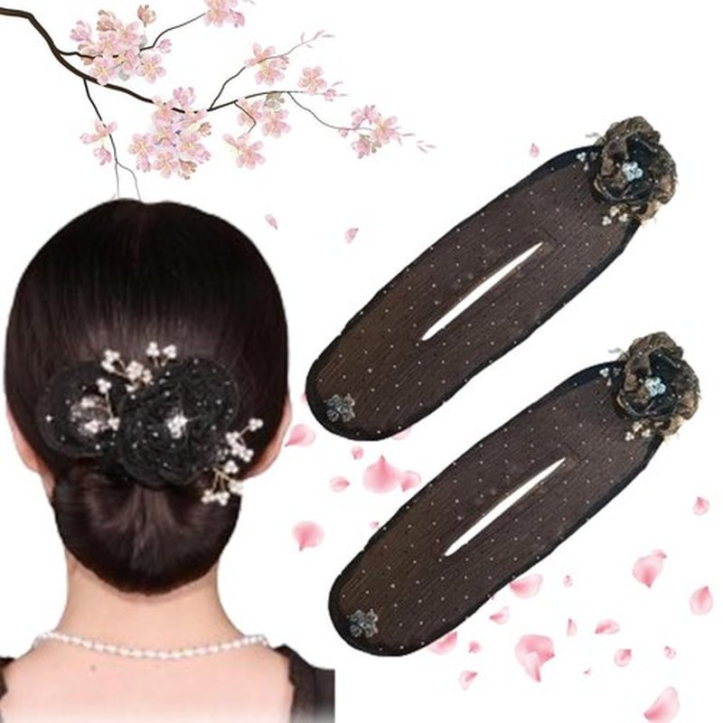 Insstyle Full Star Flower Hair Accessories, Hand Embroidered Flowers Deft Bun Hair, Character Hair Accessories,Lazy Hair Curler (Black-2pcs)