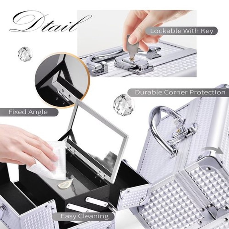 Joligrace Makeup Box Cosmetic Train Case Jewelry Organizer Lockable with Keys and Mirror 2-Tier Tray Portable Carrying with Handle Travel Storage (Classic Silver)