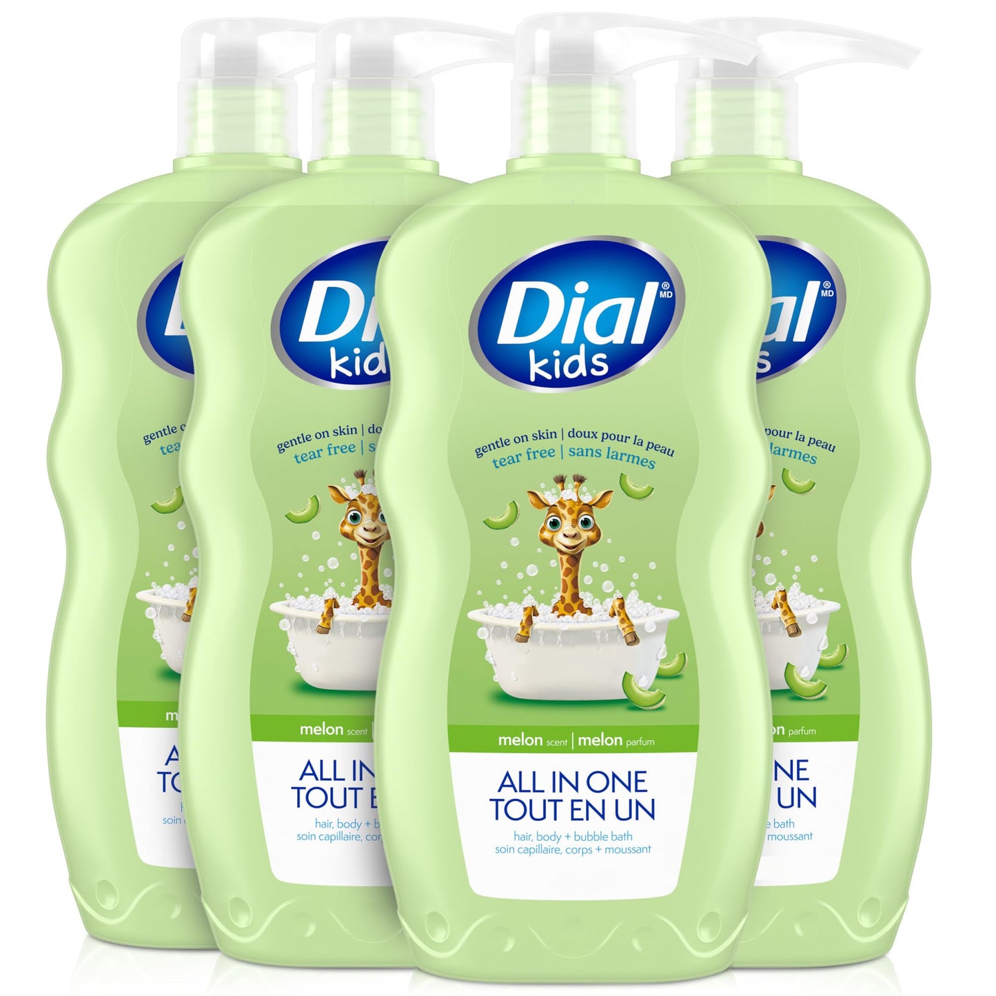 Dial Kids All-in-1 Body Wash + Hair + Bubble Bath, Melon Scent, 24 Fl Oz, Pack of 4, Hypoallergenic Body Wash & Shampoo, No Tears Formula for Kids 2+ Years, No Parabens & Silicones