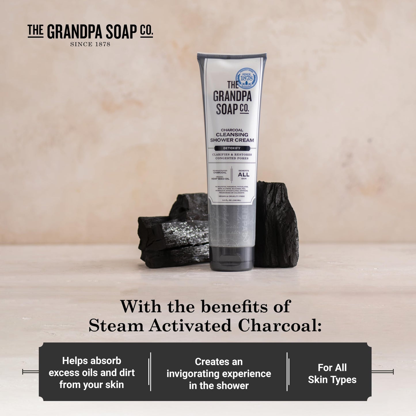 The Grandpa Soap Company Charcoal Cleansing Shower Cream - Clarifies & Restores Congested Pores, With Activated Charcoal & Hemp Seed Oil, Detoxifies, 9.5 Fl Oz