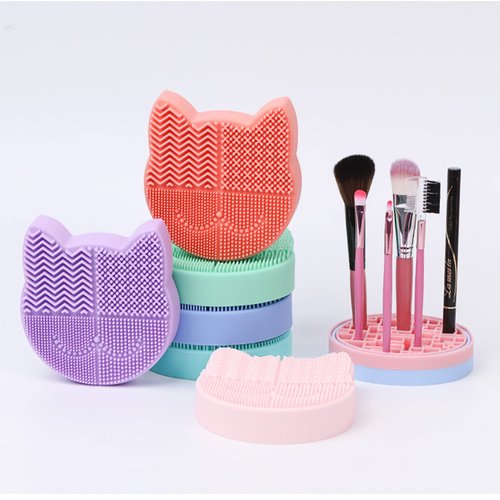 Silicon Makeup Brush Cleaner Mat with Brush Drying Holder Brush Cleaner Mat Portable Cat Shaped Cosmetic Brush Cleaner Pad cleaning mat manual make up brush cleaner cleanser machine(New Grass Green)