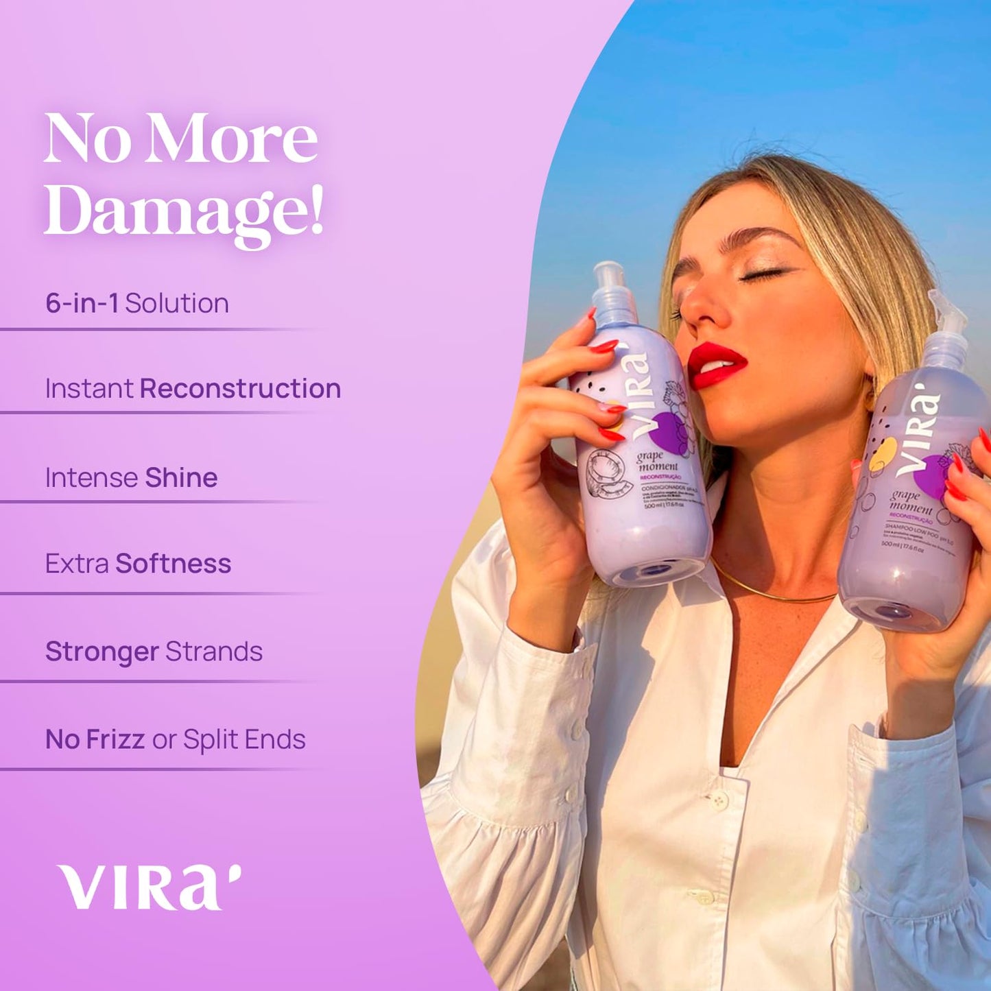 VIRÁ Brazilian Shampoo and Conditioner Set, Parabens Free, Damage Repair & Reconstruction, Anti-Frizz, Color Treated Hair, Triple Hydration, Grape Moment 17.6 Fl Oz Each