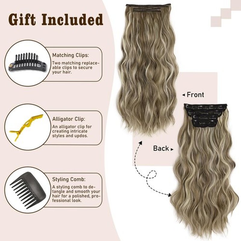 QGZ Clip in Hair Extensions for Women 4 PCS Set of Thick, Synthetic Long Wavy Hairpieces 20 Inch Ash Blonde mix Light Blonde