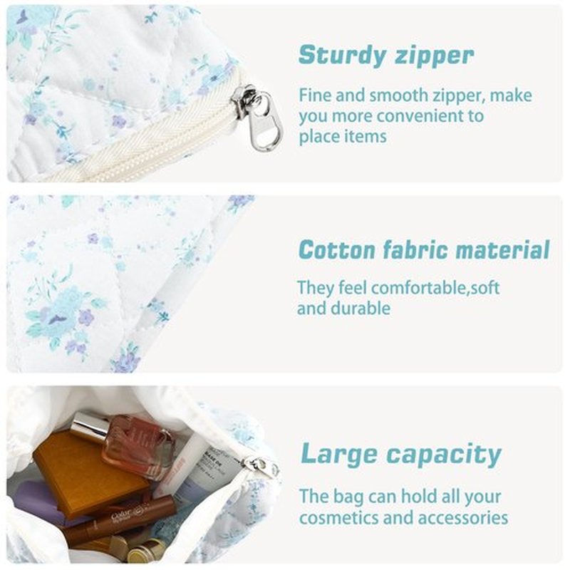 URSKYTOUS 2Pcs Cotton Quilted Makeup Bag for Women Girls Large Small Travel Blue Floral Cosmetic Bags Set Cute Coquette Makeup Pouch for Purse Aesthetic Cloth Flower Storage Toiletry Bag Organizer