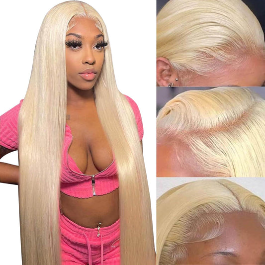 QTHAIR 14A Russian Blonde #613 Transparent Lace Frontal 14in 100% Platinum Blonde Human Hair for All Women (14",#613 Platinum Honey Blonde Closure Transparent Color Lace)
