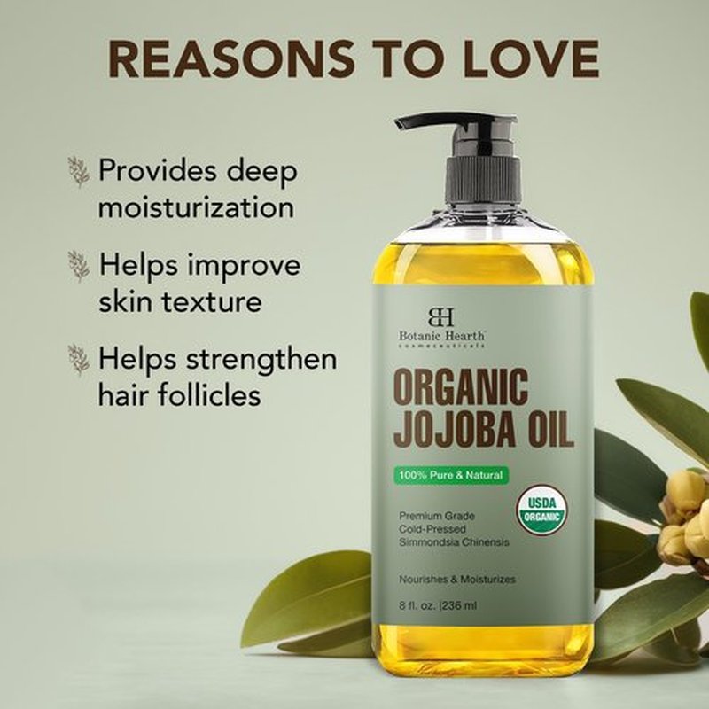 Botanic Hearth Organic Jojoba Oil -100% Pure Cold Pressed Hexane Free for Skin, Hair, Nails - 8 Fl Oz | 236 ml
