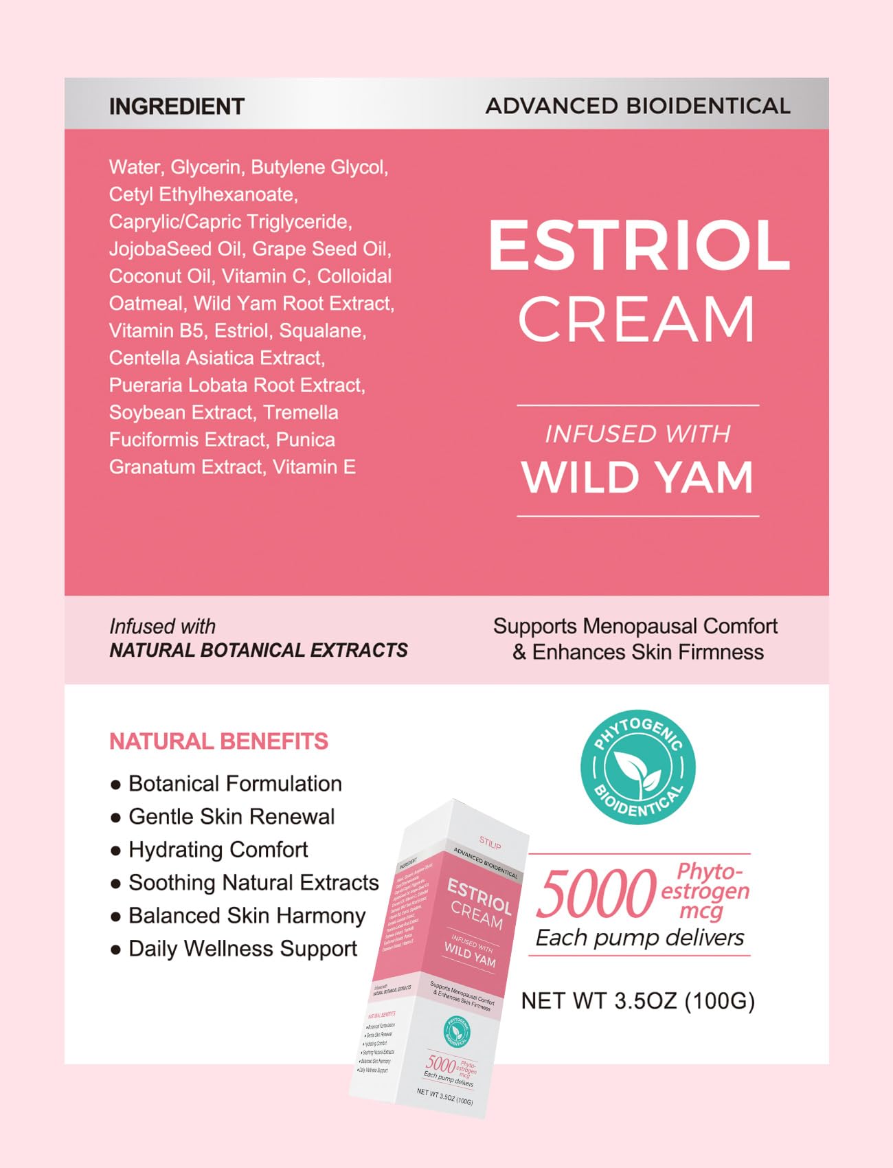 STILIP Estrogen Cream for Women–Estriol Cream for Women Menopause Support, Hydrating Phytoestrogen Moisturizer with Pueraria Mirifica & Soy Isoflavones, Firms Skin and Hormone Balance, 3.5 oz