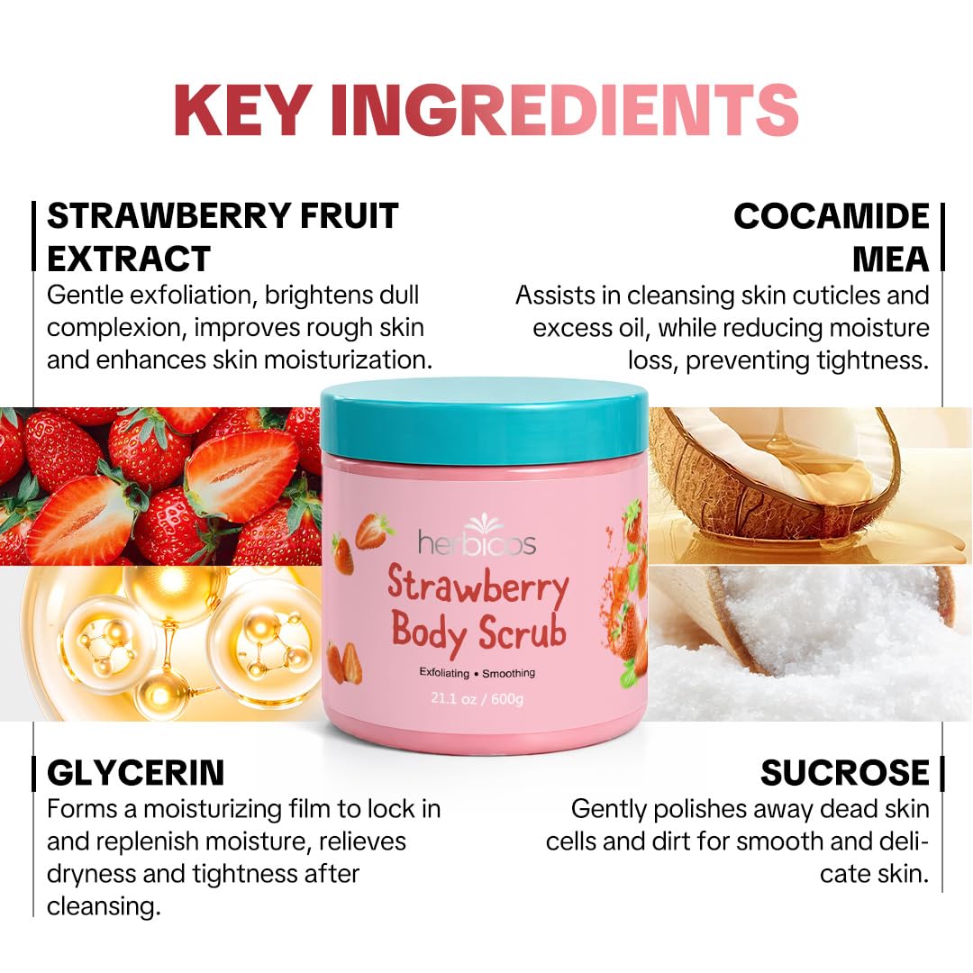 HERBICOS Strawberry Body Scrub - Exfoliating Sugar & Sea Salt Scrub with Retinol & Vitamin C for Smooth Glowing Skin - Moisturizing Body Exfoliator for Dry Skin - 21.1 oz