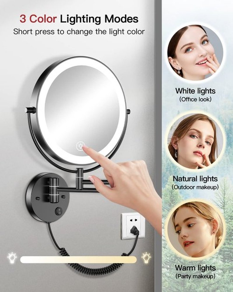 Gospire 9” Wall Mounted Lighted Makeup Vanity Mirror with 3 Color Lights & Stepless Dimming, 1X/10X Magnifying LED Double Sided Bathroom Touch Sensor Extendable Arm 360° Swivel Shaving Cosmetic Mirror