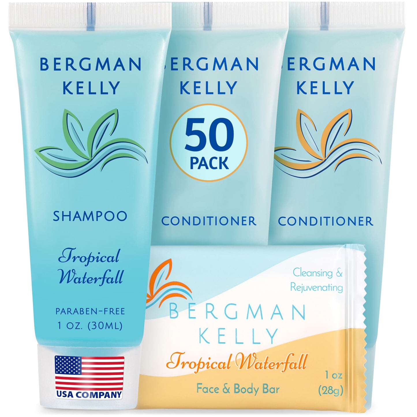 BERGMAN KELLY Rectangular Hotel Soap Bars, Shampoo & Conditioner 3-Piece Set (1 oz each, 150 pc, Tropical Waterfall), Delight Guests w/Invigorating & Refreshing Bulk Travel Size Hotel Toiletries