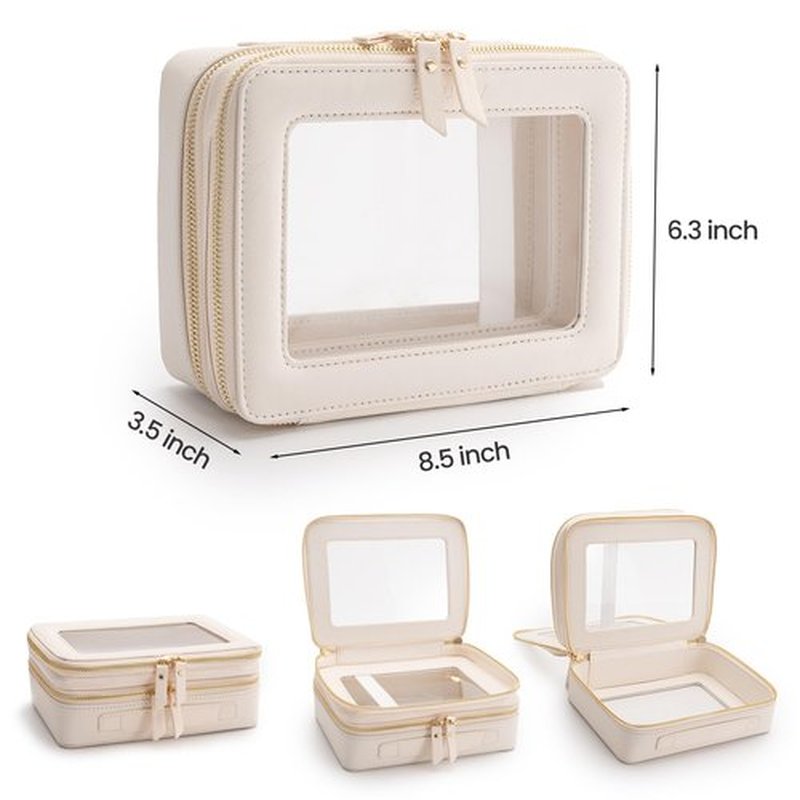 Aveniee Large Clear Makeup Bags, Double Layer Cosmetic Bags with Separate Brush Compartment, Travel Toiletry Bag Cosmetic Train Case, Travel Accessories Organizer for Women(2 Layers, White)