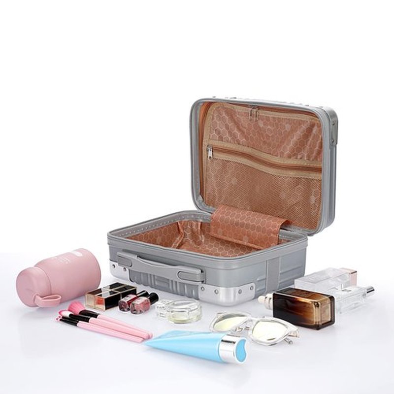 BSTKEY Portable Hard Shell Cosmetic Travel Case, Small Travel Hand Luggage with Elastic Band, Mini ABS Carrying Makeup Case Suitcase, Silver