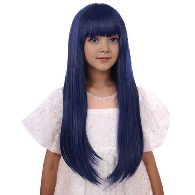 Edivd Dark Blue Wig for Kids Long Navy Blue Wig with Air Bangs for Girls Child Long Blue Straight Wig Heat Resistant Synthetic Wig with Wig Cap