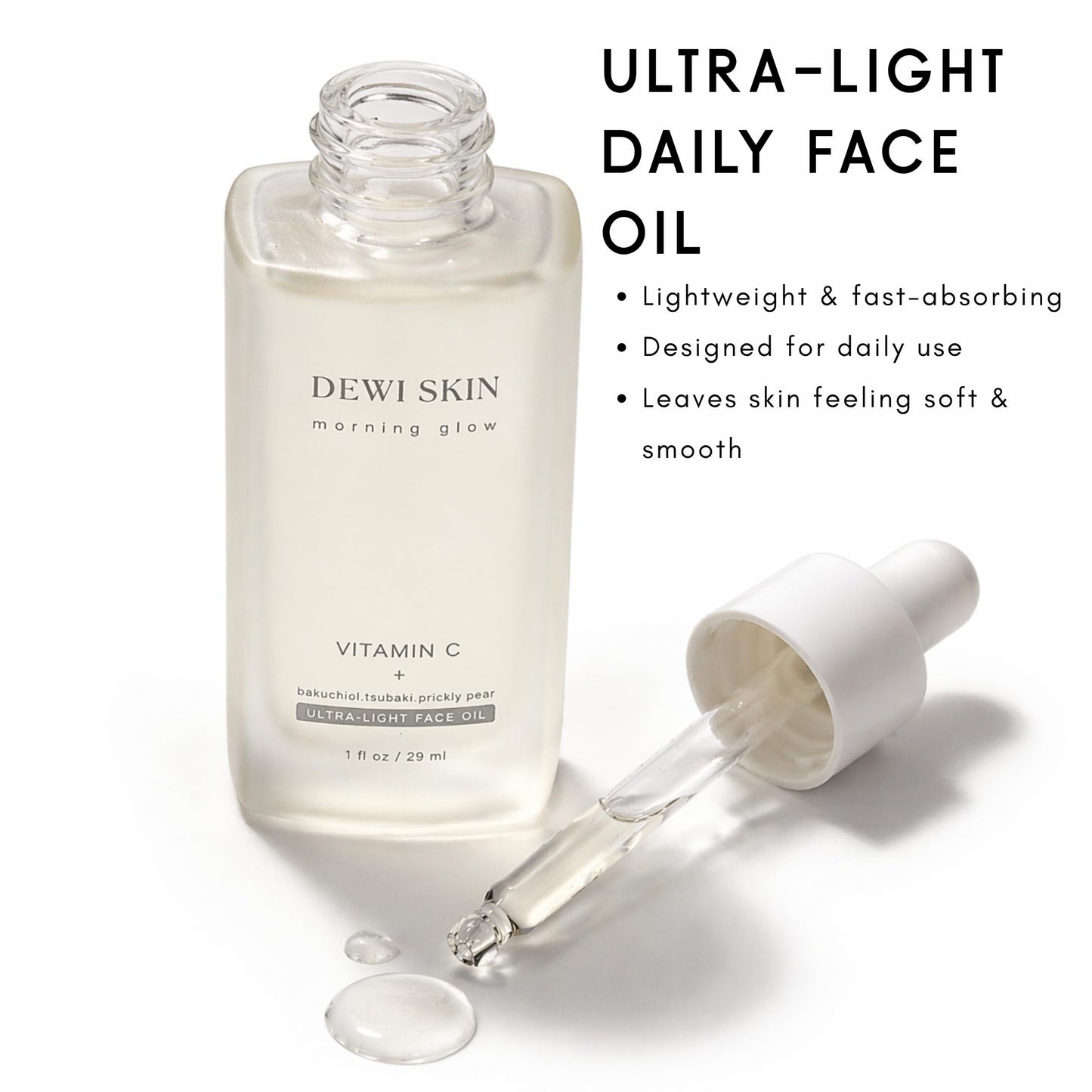 DEWI SKIN Morning Glow Vitamin C Face Oil – Ultra-Light Facial Oil with Bakuchiol, Camellia (Tsubaki) & Prickly Pear – Lightweight Daily Oil for Soft, Radiant-Looking Skin – 1 fl oz