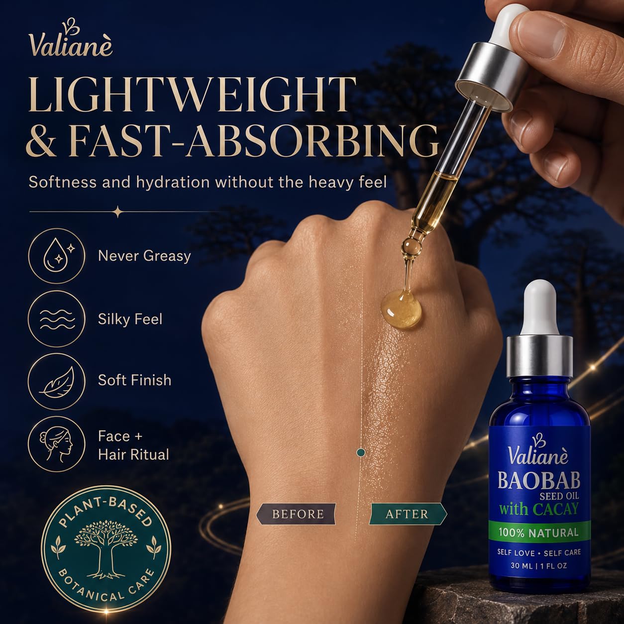 VALIANÈ Gua Sha Oil Premium Hydrating Facial Serum with Baobab + Cacay - Face Moisturizer and Massage Glide for Hair, Beard, Scalp, Body and Nails - Fast Absorbing Natural Blend, 1 fl oz