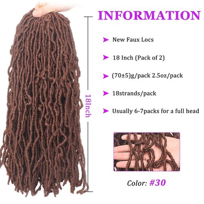 18 Inch 2 Packs New Faux Locs Crochet Hair Pre-looped Soft Locs Crochet Braids Hair for Butterfly Locs, Curly Wavy Goddess Locs Dreadlocs Synthetic Hair Extend Braiding Hair For Women (18Inch, 30#)