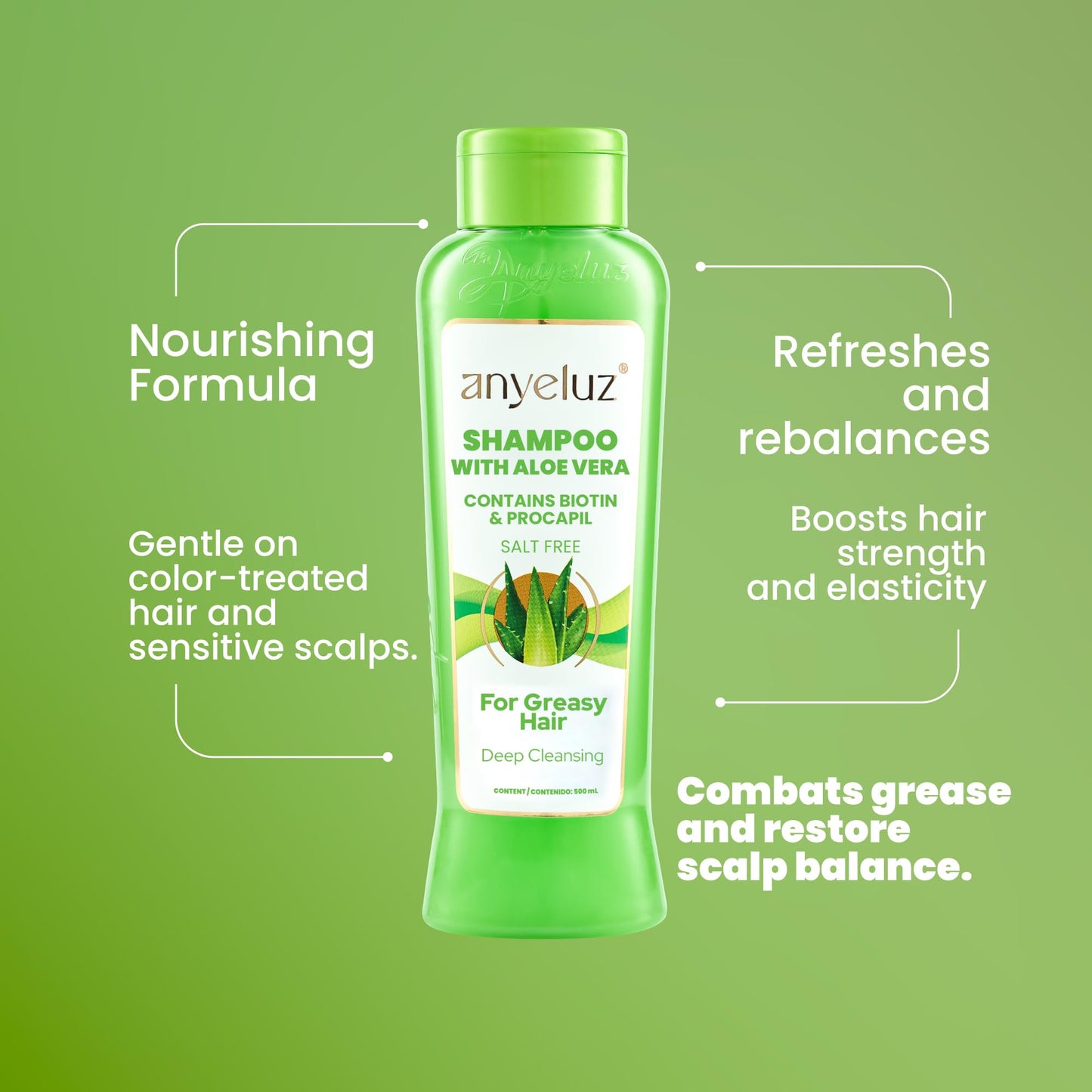 ANYELUZ Aloe Vera Hair Shampoo, Deep-Cleansing Scalp Cleanser, Biotin Strengthening Formula, Grease Control, Salt Paraben-Free Haircare