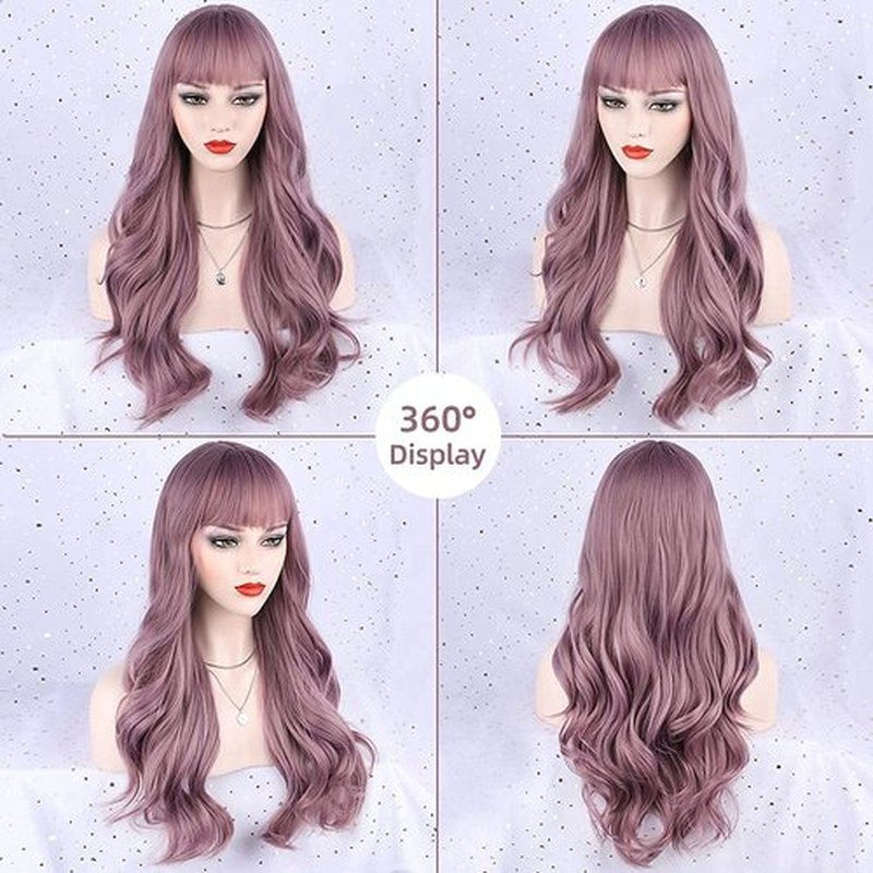 FORCUTEU Purple Wig with Bangs Long Purple Wavy Wigs for Women Purple Wavy Wigs Purple Heat Resistant Wigs for Daily Party Halloween (Purple 26inch)