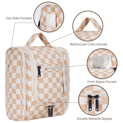 Narwey Small Hanging Toiletry Bag Women Travel Makeup Bag Organizer Toiletries Bag for Travel Size Essentials Accessories Cosmetics (Medium, Light Checkerboard-1)