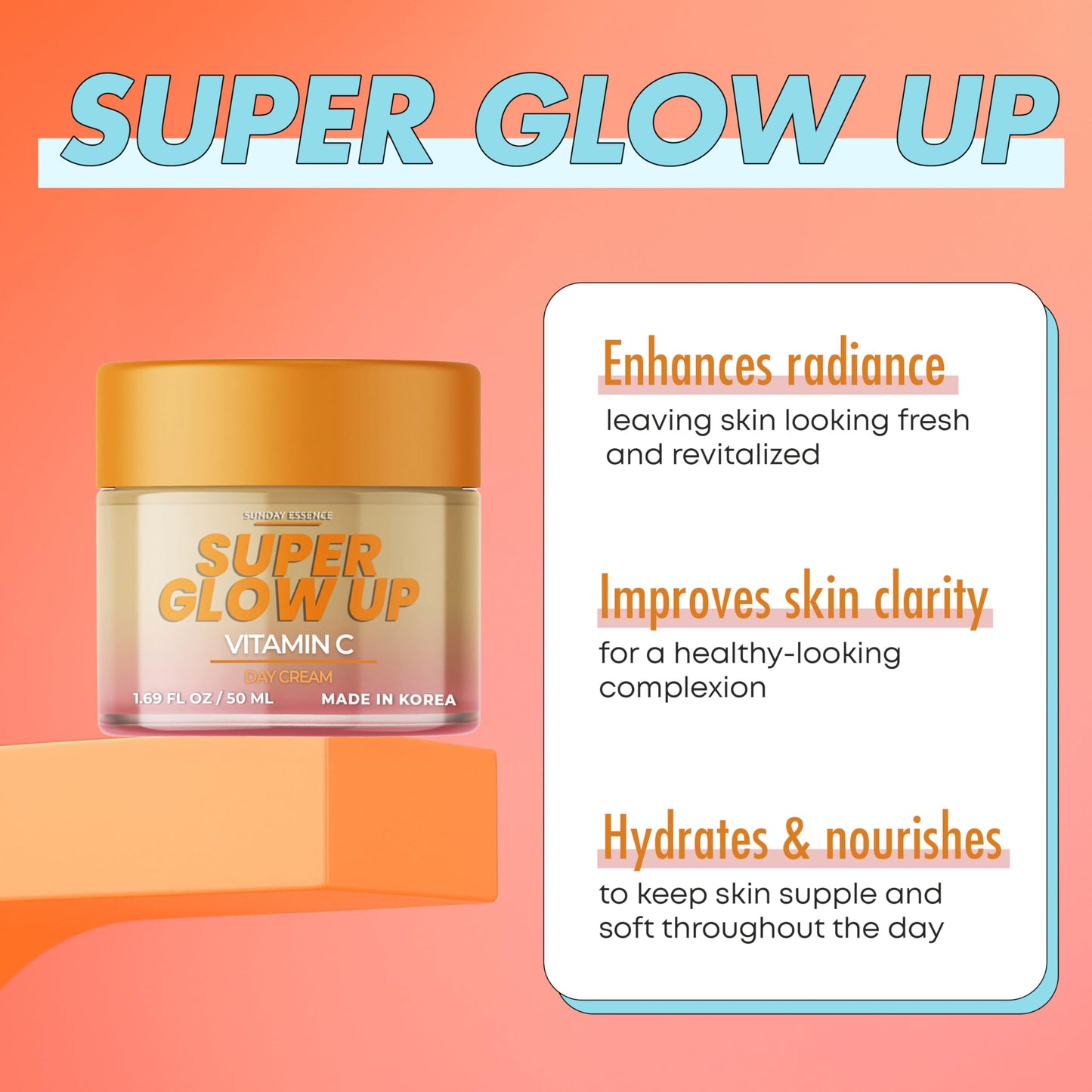 Sunday Essence Vitamin C Day Cream - Dermatologist Tested, Anti- Aging, Korean Skin Care - Hydrates, Evens Skin Tone & Boosts Radiance - Clean Beauty, Vegan, Non-GMO, Cruelty-Free - 1.69 Fl Oz