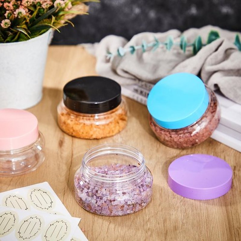 Tessco 24 Pack Plastic Jars with Lids Labels Plastic Containers Round Refillable Cosmetic Containers Empty Body Butter Jars Sugar Scrub Containers for Cosmetics (Multicolor,5 oz)