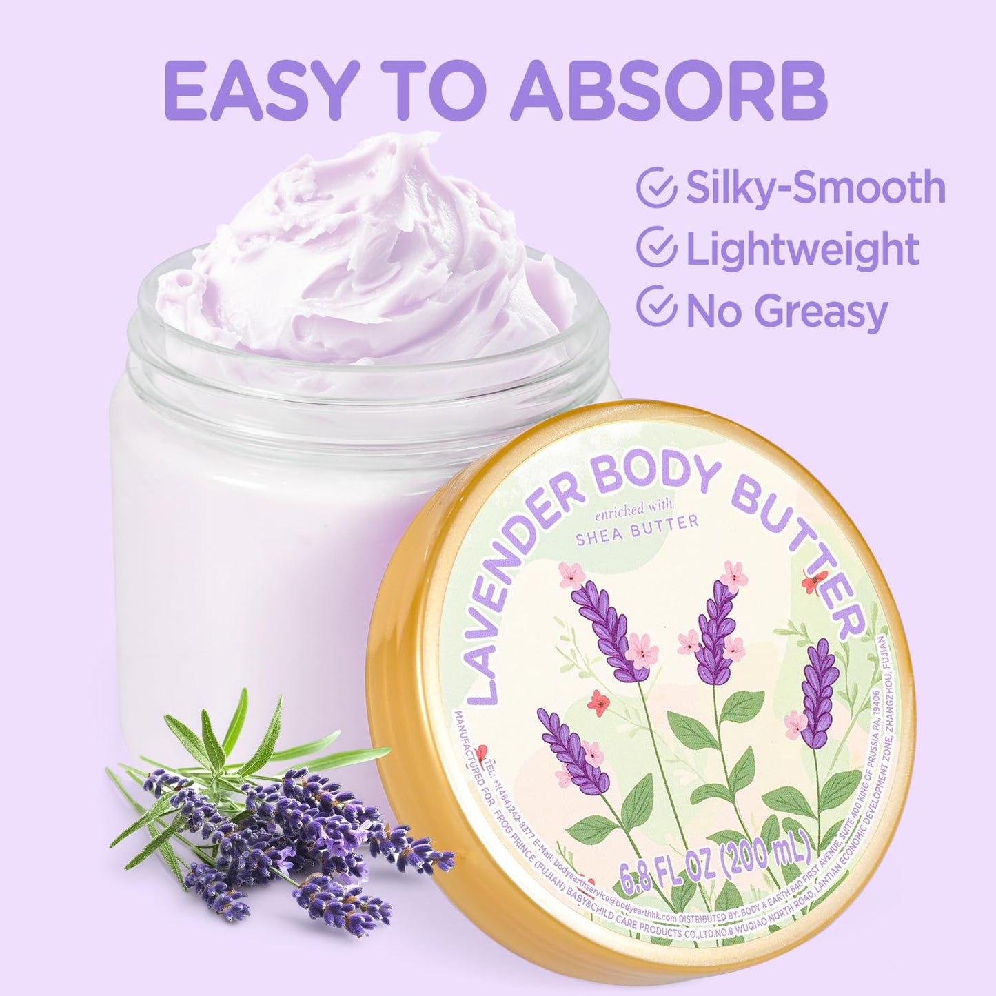 puresoak bath Lavender Body Butter, Natural Shea Body Butter for Dry Skin, Womens and Mens Body Care, Body Care for Deep Moisturizing and Hydrating-3.4 floz+6.8 floz