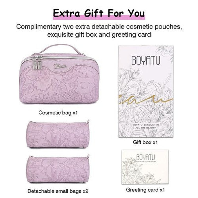 Travel Makeup Bags Cosmetic Organizer Bag: 3-Set Large Capacity Make up Bag - PU Leather Toiletry Bag for Women - Wide Open Portable Pouch with Divider & Handle (01-Z-Light Purple)
