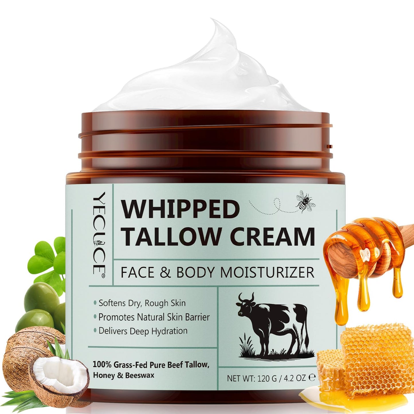 flasture Beef Tallow for Skin, Tallow and Honey Balm (4.2 oz) - Tallow Face Moisturizer, Deeply Moisturizing Grass-Fed Tallow Face Moisturizer for Body - All-Natural Hydration for Soft, Supple Skin