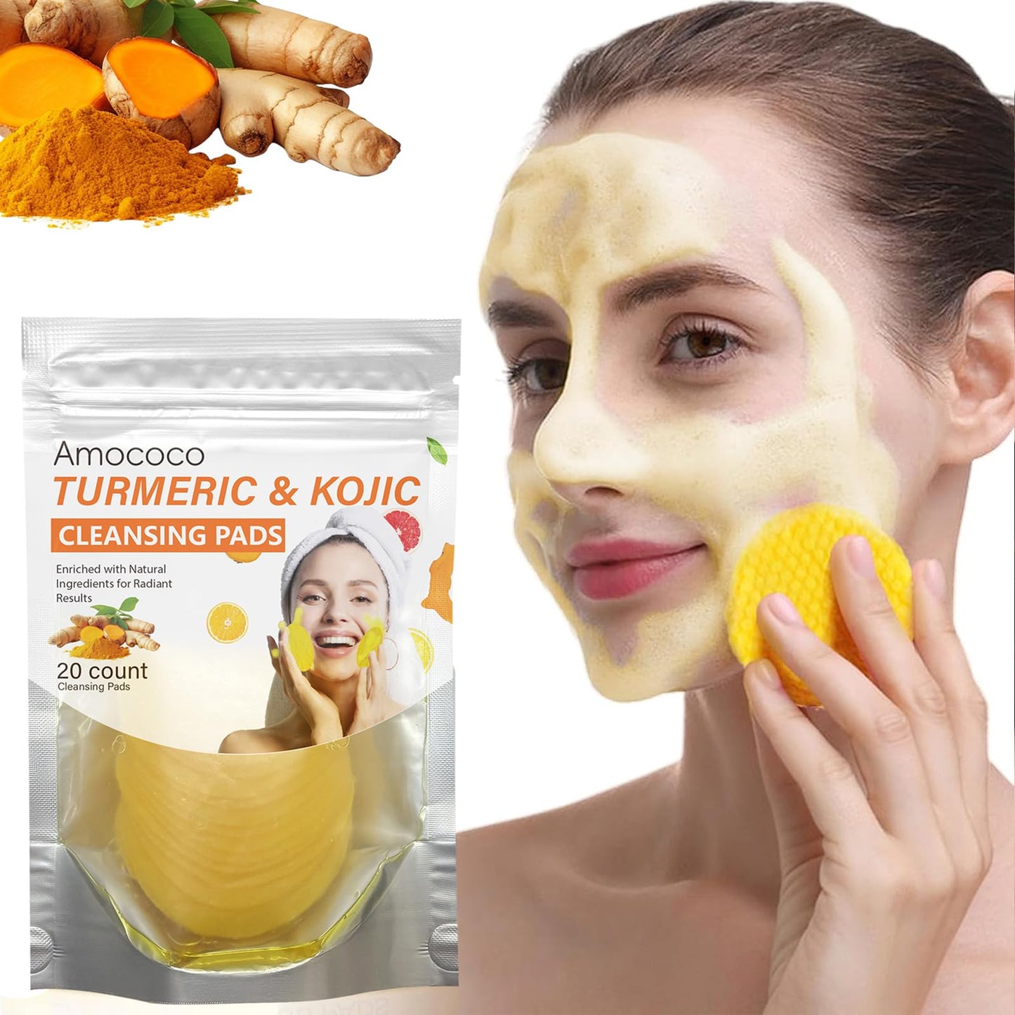 Amococo Turmeric & Kojic Acid Cleansing Pads, 20 Count, Chamomile for Dark Spots, Even Skin Tone, Gentle Daily Face Pads for Sensitive & Acne-Prone Skin