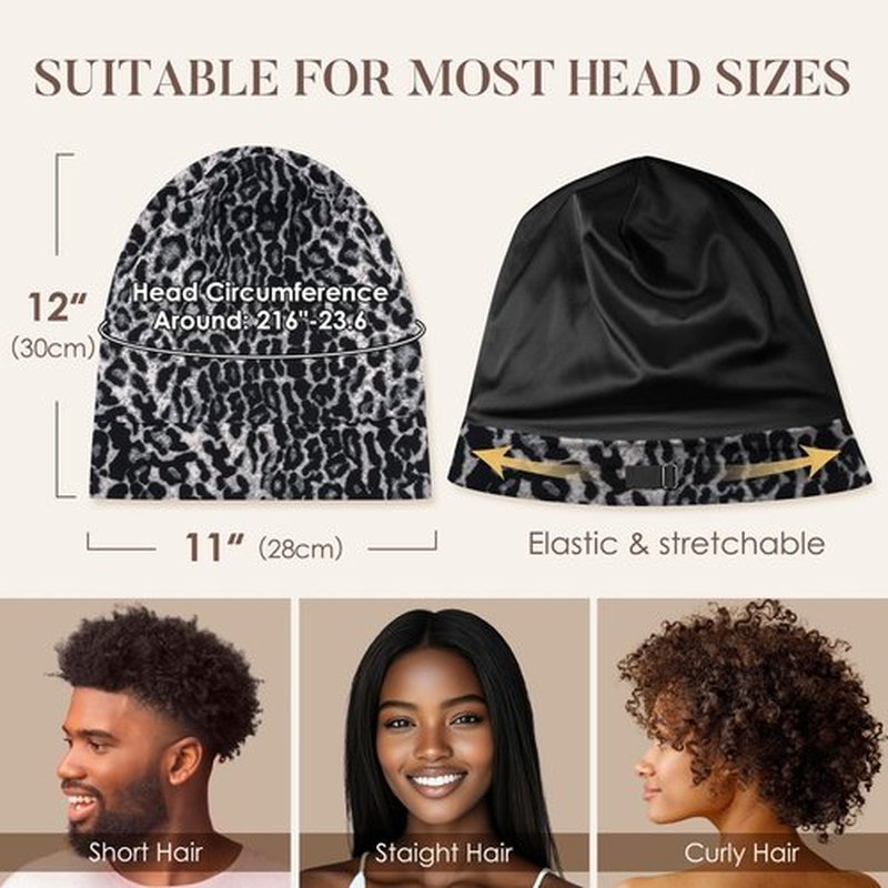 LULUSILK 100% Mulberry Silk Lined Sleep Cap Silk Bonnet for Sleeping, No More Frizzy Tangled Hair, Stay On All Night Adjustable Silk Hair Wrap for Sleeping, Black Leopard, Pack of 1