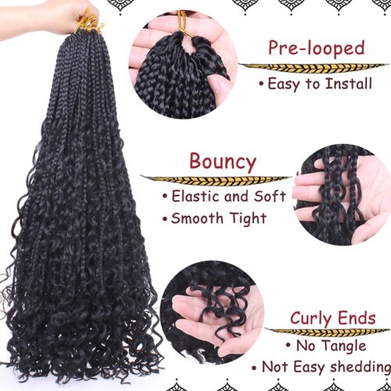Beverlee 24 Inch Boho Box Braids 8 Packs Goddess Box Braids Crochet Hair Bohemian Hippie Braids Braiding Hair Box Braids with Curly Ends Messy Pre-looped Synthetic Crochet Hair for Black Women 1B#