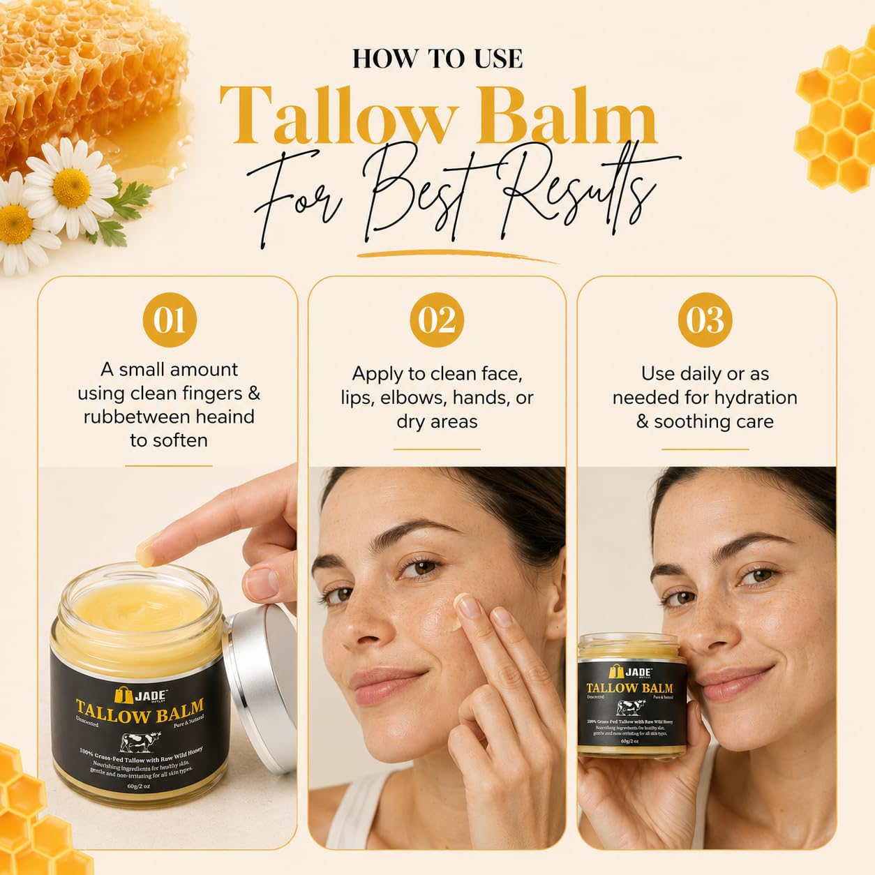 Unscented Tallow Balm for Dry & Sensitive Skin – Grass Fed Beef Tallow, Raw Wild Honey, Shea Butter & Olive Oil – Deep Moisture Face & Body Balm – Fragrance Free – Supports Skin Barrier – 2 oz