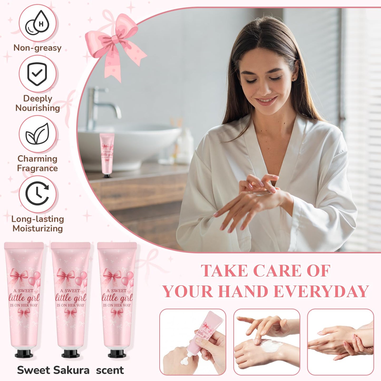 Swiffen 48 Sets Pink Bow Coquette Baby Shower a Sweet Little Girl Is on Her Way Hand Cream Gifts Bulk Travel Size Lotion Bulk Party Supplies Favors Birthday Baby Shower Party Favors