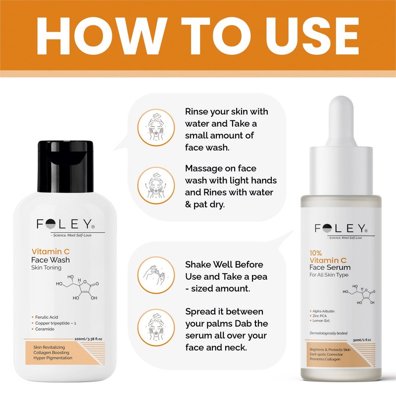 FOLEY Skincare Combo – Vitamin C Face Wash (100 ml) & 10% Vitamin C Face Serum (30 ml) – Daily Cleansing & Brightening Routine for All Skin Types