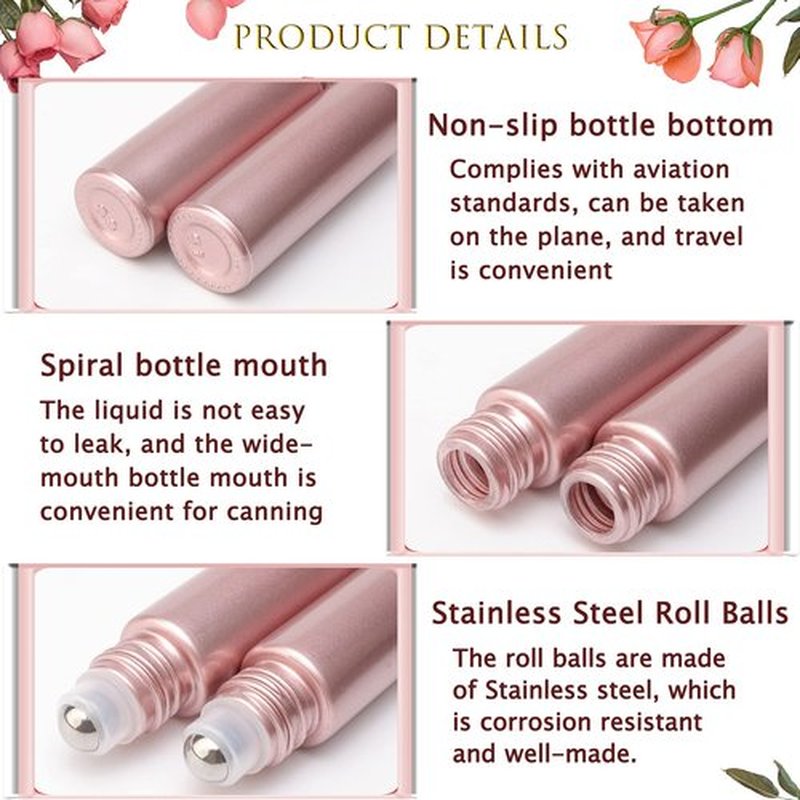 Newzoll 45 Pcs Glass Roller Bottles, 10 ml Thick Glass Roll on Bottles Massage Glass Roller Vials Containers for Essential Oil Perfumes Aromatherapy Lip Balms, Matte Rose Gold