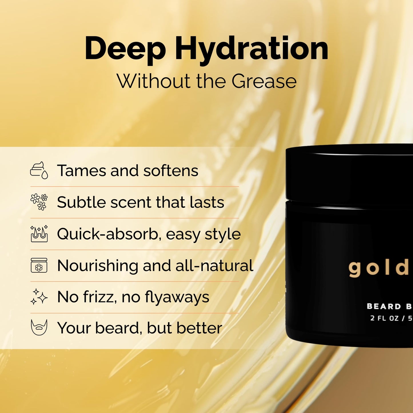 Golden Grooming Beard Balm - Tames Flyaways & Promotes Thicker Growth - Natural Styling Wax with Shea & Mango Butter - Relieves Beard Itch & Dandruff - Signature Fresh Scent, 2oz
