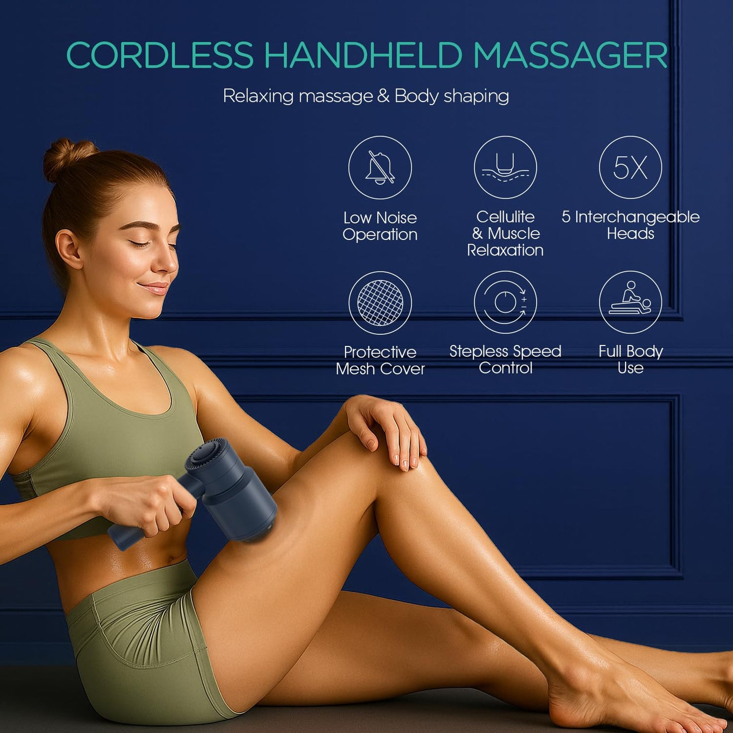 VOYOR-HEALTH Handheld Cellulite Massager, Electric Cellulite Remover Body Sculpting Massage with 5 Replaceable Heads for Arm,Thigh,Calves, Cordless & Rechargeable Deep Tissue Massager CM410 (Blue)
