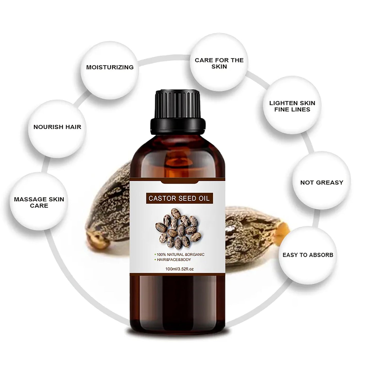 100% Pure Castor Essential Oil for Hair Growth,Non-GMO High Oleic Natural Organic Castor Seed for Skin,Dry Damaged Body & Face Moisturizing