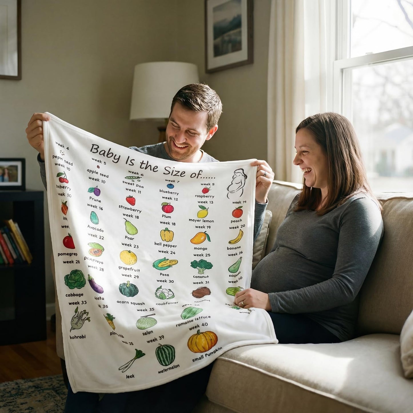 Tegeme Baby Growth Tracker Blanket Weekly Pregnant First Mom Gifts for Expecting Parents Pregnancy Countdown Calendar Week By Week Pregnancy Blanket in Fruit Veg Mother's Day Congration Gift