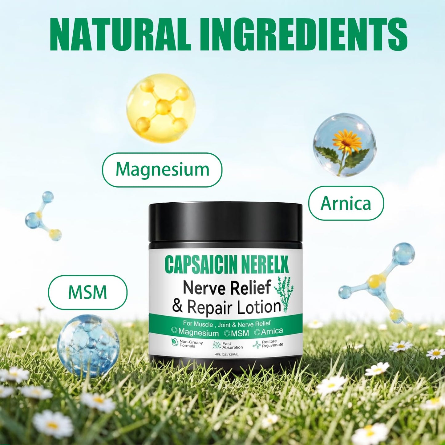 Capsacin Nerve Total Relief Cream with Arnica, Menthol, MSM and Glucosamine for Body Joint Areas, Feet, Hands, Legs, Muscles, Joints, and Waist, 100g