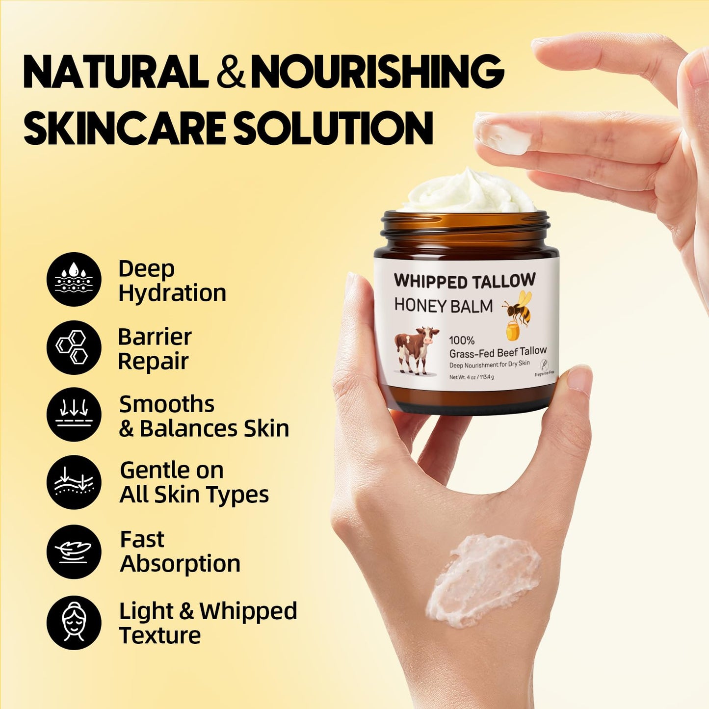 Starwise Beef Tallow for Skin, 100% Grass-Fed Whipped Beef Tallow and Honey Balm, Moisturizer for Face & Body, Natural Formula with Organic Jojoba Oil, Shea Butter for Dry, Sensitive Skin