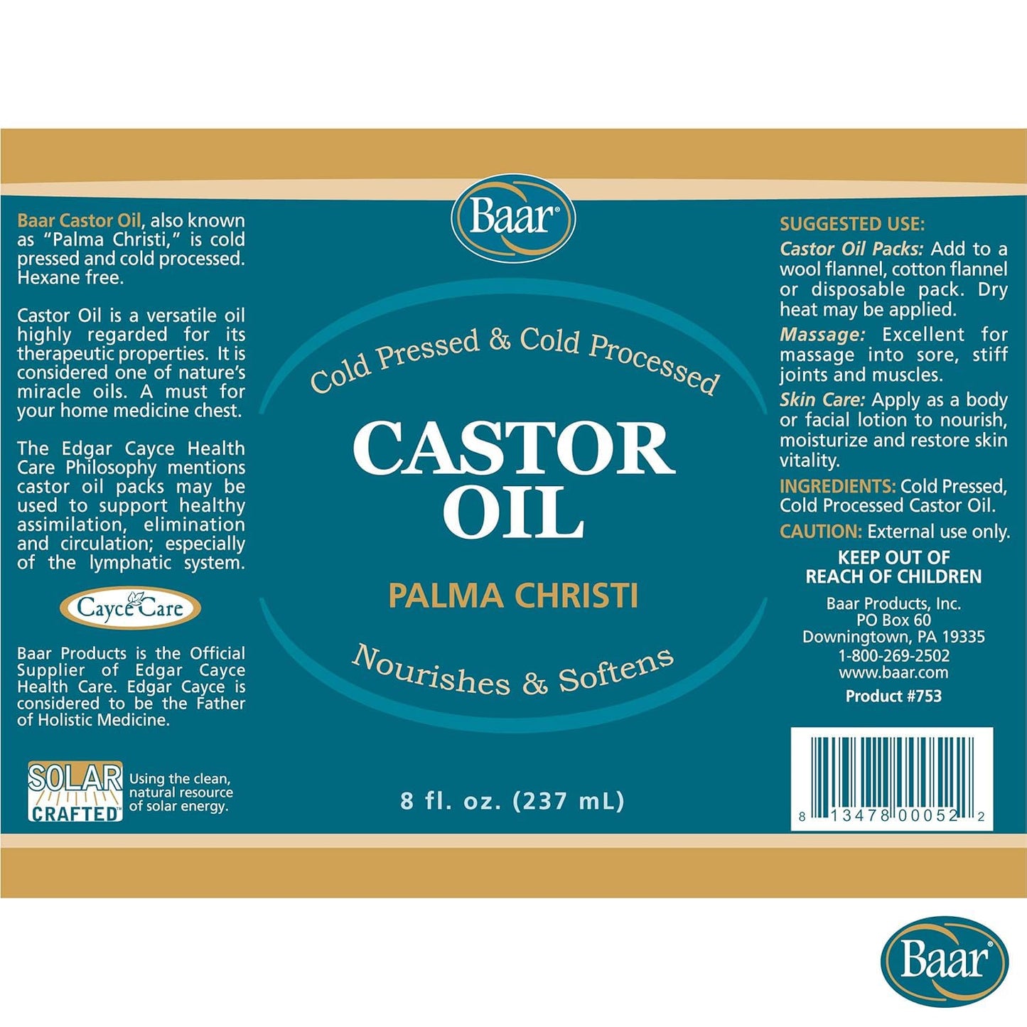 Baar Cold-Pressed Castor Oil, 8 oz