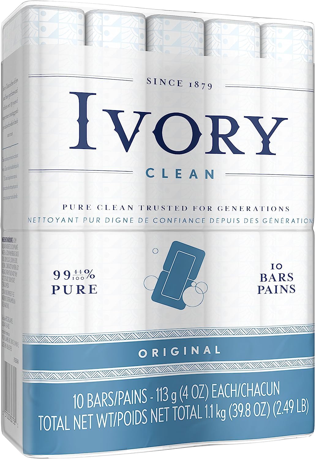 Ivory Gentle Bath Bar Soap, Designed for Whole Family, 99.44% Pure Formula w/Plant-Based Cleansers, Made Without Heavy Perfumes, Parabens or Phthalates, Original Scent, 4.0 oz (10 Count)
