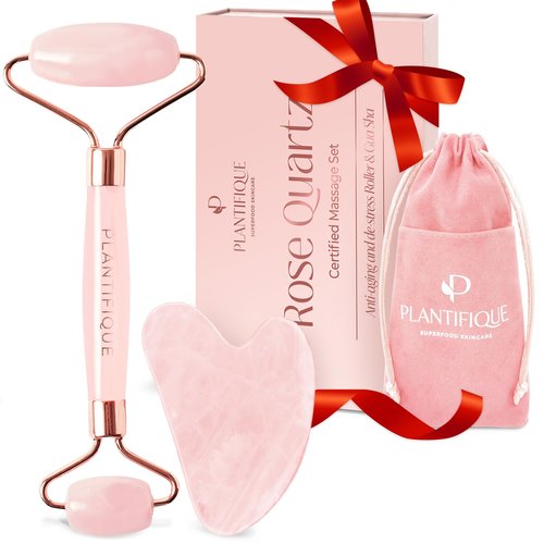 PLANTIFIQUE Face Roller and Gua Sha Rose Quartz Certified - Face Scuplting Tool - Guasha Tool for Face - Jawline Shaper - Face Rollers for Women - Your Skin Care Routine
