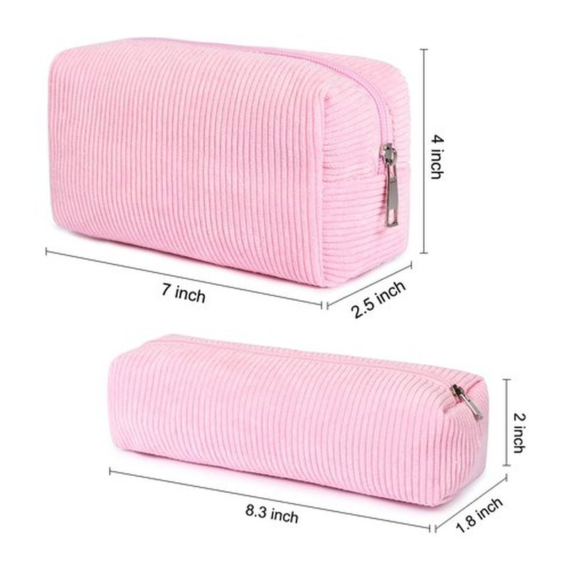 SOIDRAM Makeup Bag Corduroy Cosmetic Bag Cute Pink Makeup Pouch 1Pcs Large Capacity Makeup Bags and 1Pcs Makeup Brushes Storage Bag Travel Toiletry Bag Organizer